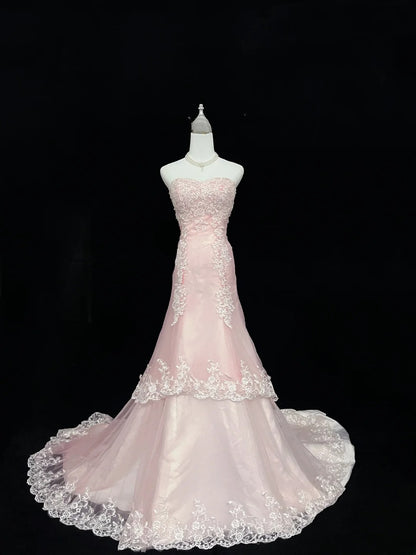 Beautiful Mermaid Sweetheart Pink Tulle With Appliqued Lace Prom Dress Formal Outfits Party Dresses RB7596