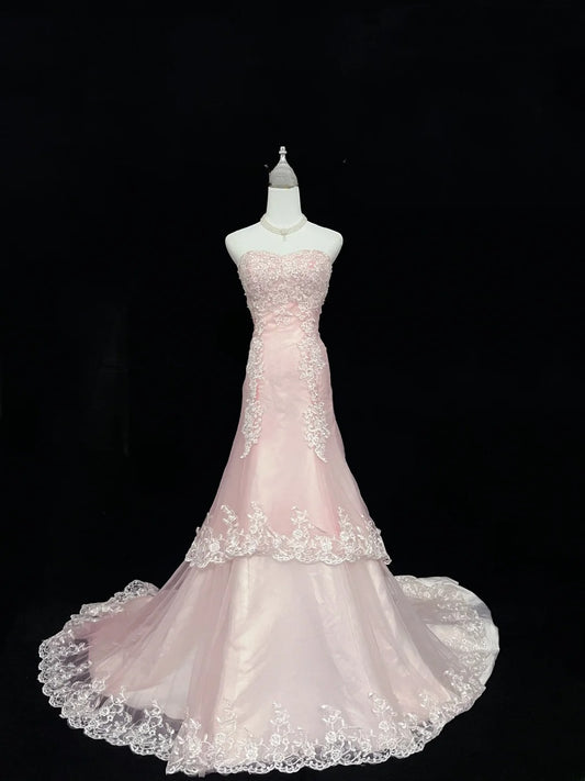 Beautiful Mermaid Sweetheart Pink Tulle With Appliqued Lace Prom Dress Formal Outfits Party Dresses RB7596