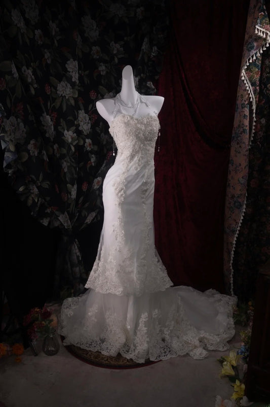 Atemberaubendes Meerjungfrau-Brautkleid im Stil der 2000er, herzförmiger Ausschnitt, weiße Spitze mit Applikationen, lang, für Herbst und Winter, Hochzeitskleid RB8470