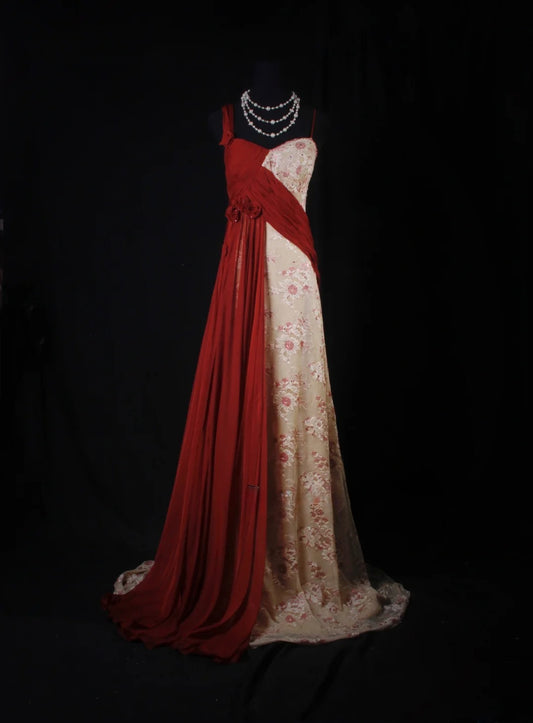 Vintage A-Linien-Kleid mit unregelmäßigen Schulterträgern und Blumenmuster, langes, formelles Kleid im Stil der 1950er Jahre, Ballkleid, Abendkleid, Partykleid AS196