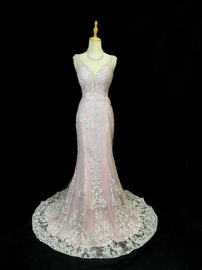 Vintage 80s Prom Dresses Mermaid V Neck Pink Lace Satin With Appliqued Long Party Gown Formal Outfits RB5998