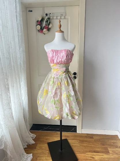 Pink Hoco Dress Ball Gown Strapless Short Floral Homecoming 17th Birthday Party Dress RC0557