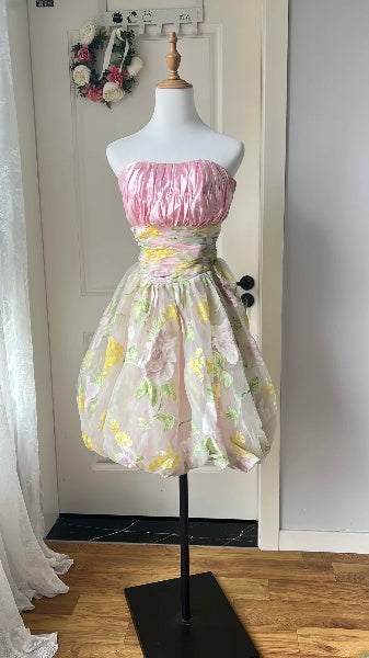 Pink Hoco Dress Ball Gown Strapless Short Floral Homecoming 17th Birthday Party Dress RC0557