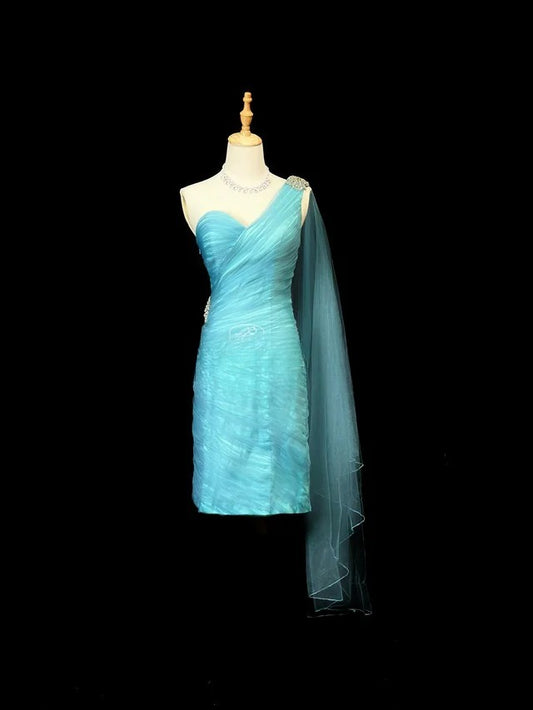 Princess Sheath One Shoulder Blue Tulle Knee Length 16th Birthday Gown Homecoming Dresses Ideas Hoco Outfits RB5999