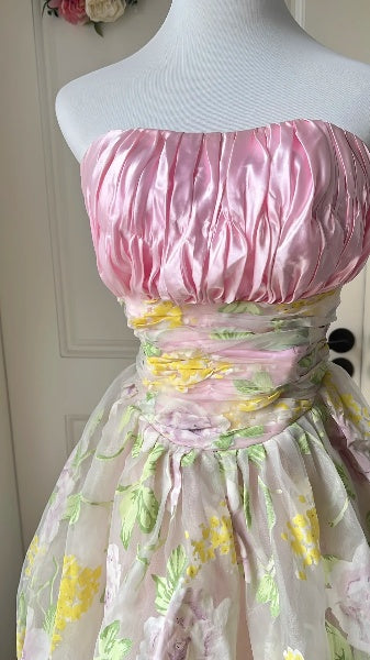 Pink Hoco Dress Ball Gown Strapless Short Floral Homecoming 17th Birthday Party Dress RC0557