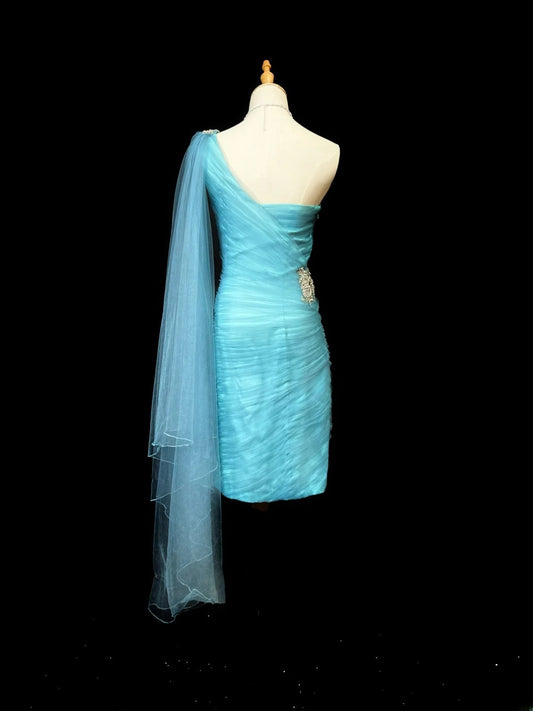 Princess Sheath One Shoulder Blue Tulle Knee Length 16th Birthday Gown Homecoming Dresses Ideas Hoco Outfits RB5999