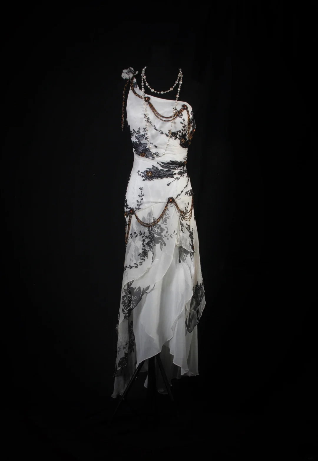 Robe de bal vintage années 1950, sirène, asymétrique, en mousseline noire, longue, AS198