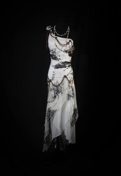 Robe de bal vintage années 1950, sirène, asymétrique, en mousseline noire, longue, AS198