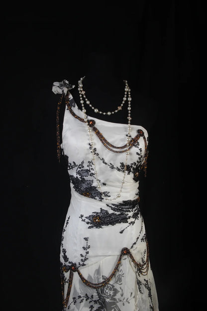 Robe de bal vintage années 1950, sirène, asymétrique, en mousseline noire, longue, AS198