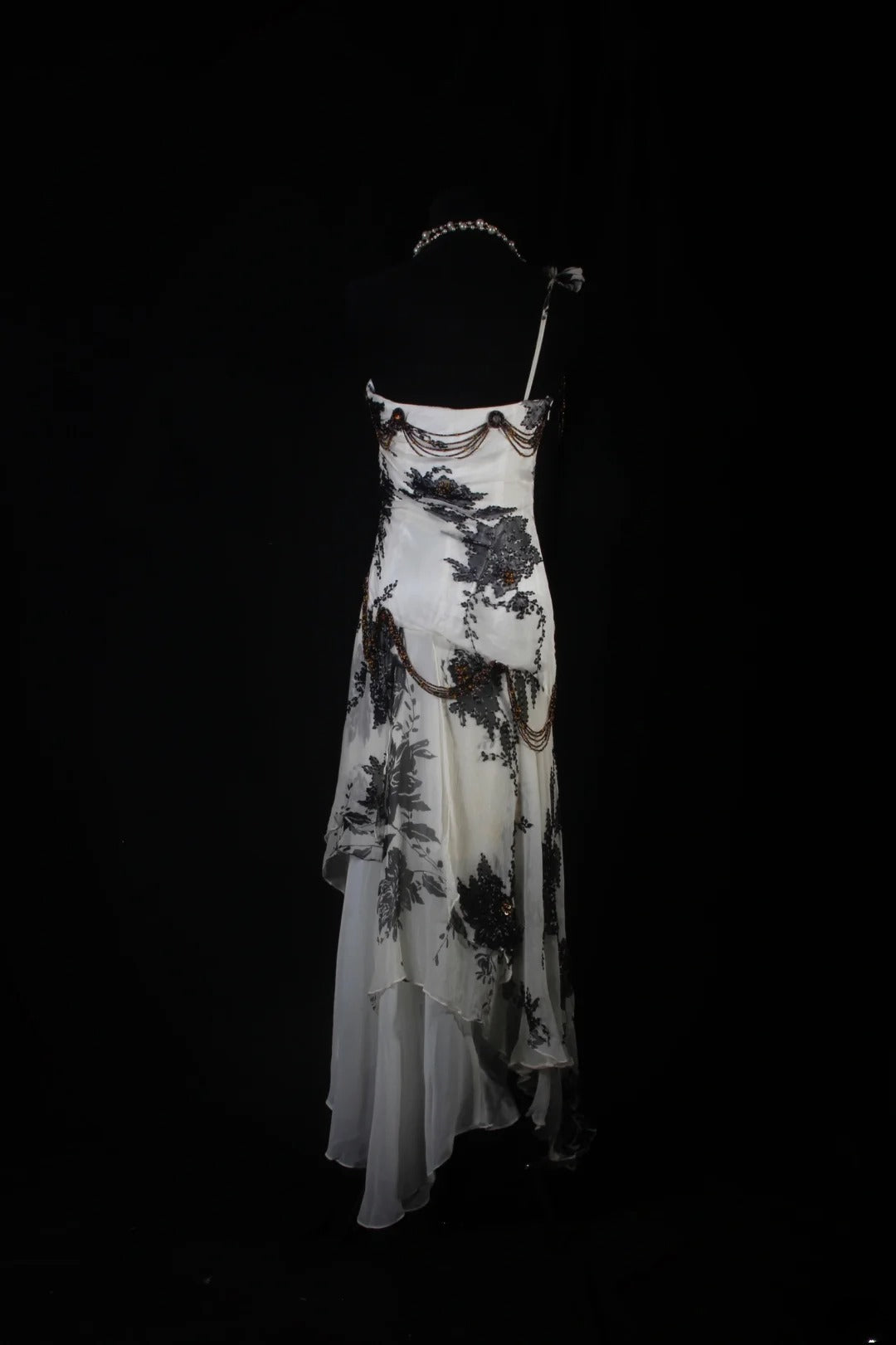 Robe de bal vintage années 1950, sirène, asymétrique, en mousseline noire, longue, AS198