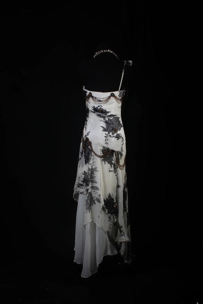 Robe de bal vintage années 1950, sirène, asymétrique, en mousseline noire, longue, AS198