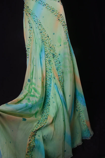 Robe de bal vintage années 1950, sirène, asymétrique, en mousseline verte, longue, pour les fêtes et les soirées (AS199)