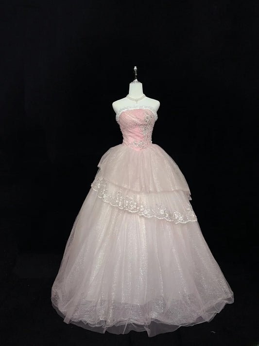 Pretty Ball Gowns Strapless Pink With Appliques Long Prom Dress Puffy Sweet 16 Sixteen Outfit Vestido de 15 RB7599