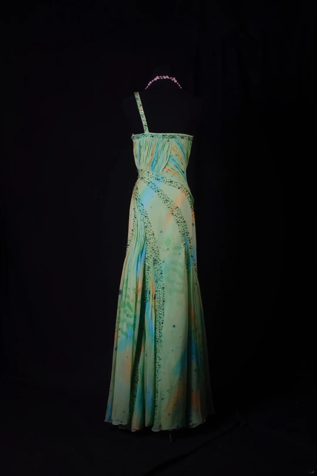 Robe de bal vintage années 1950, sirène, asymétrique, en mousseline verte, longue, pour les fêtes et les soirées (AS199)