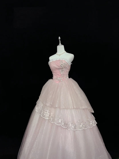 Pretty Ball Gowns Strapless Pink With Appliques Long Prom Dress Puffy Sweet 16 Sixteen Outfit Vestido de 15 RB7599