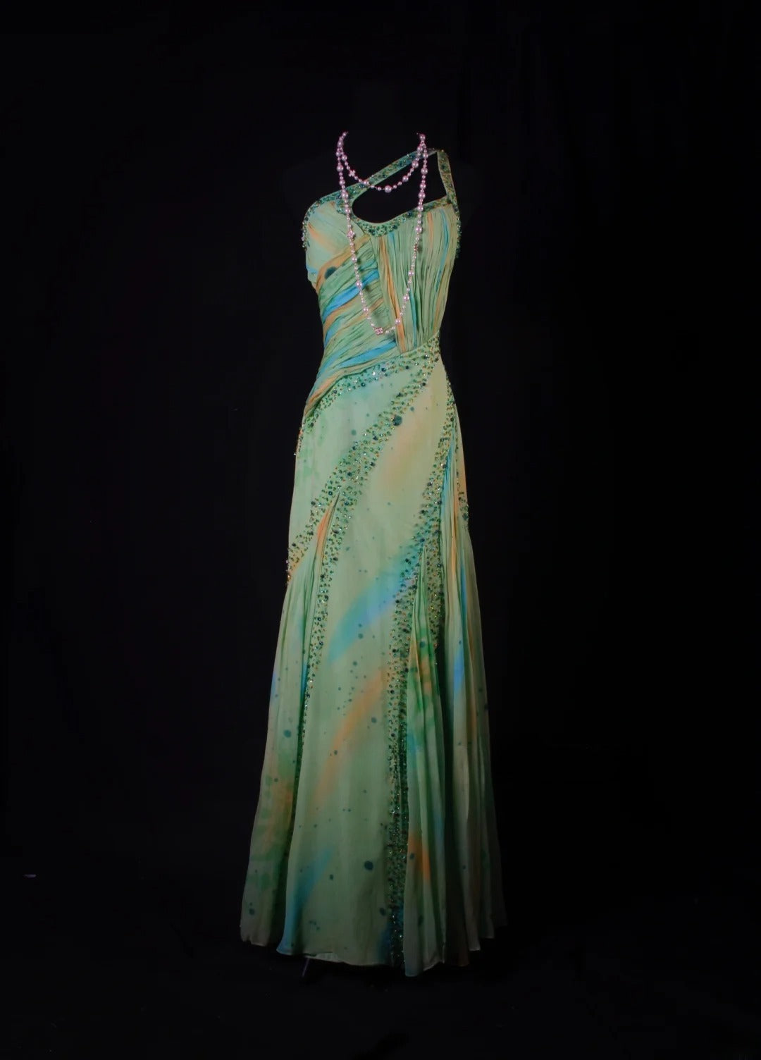 Robe de bal vintage années 1950, sirène, asymétrique, en mousseline verte, longue, pour les fêtes et les soirées (AS199)