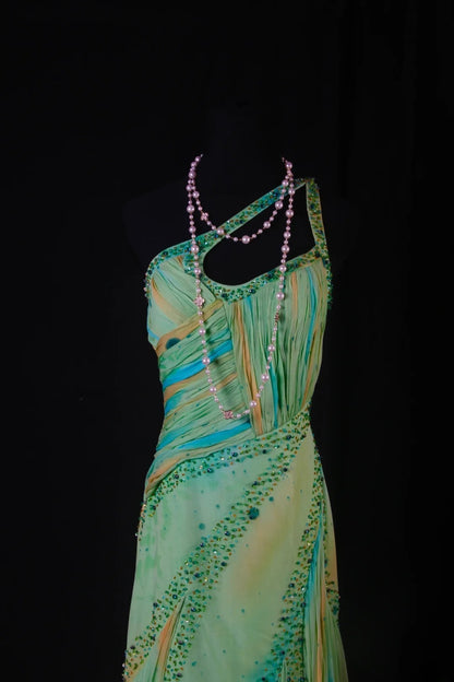 Robe de bal vintage années 1950, sirène, asymétrique, en mousseline verte, longue, pour les fêtes et les soirées (AS199)