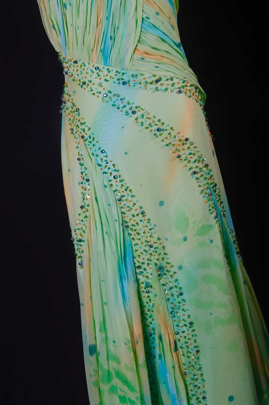 Robe de bal vintage années 1950, sirène, asymétrique, en mousseline verte, longue, pour les fêtes et les soirées (AS199)