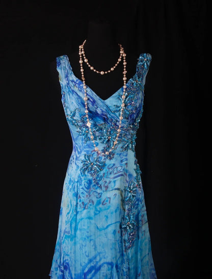 Robes de bal vintage années 1950, coupe trapèze, col en V, mousseline bleu roi, longues, robes de soirée AS200