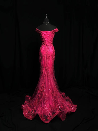 Modest Prom Dresses Mermaid Off The Shoulder Hot Pink Lace With Cap Sleeves Long Formal Outfits RB6001