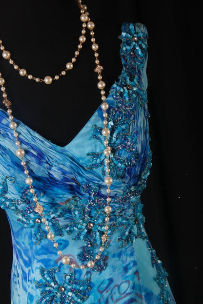 Robes de bal vintage années 1950, coupe trapèze, col en V, mousseline bleu roi, longues, robes de soirée AS200