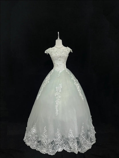 Pretty Ball Gowns Scoop Mint Green With Appliques Long Prom Dress Puffy Sweet 16 Sixteen Outfit Vestido de 15 RB7600