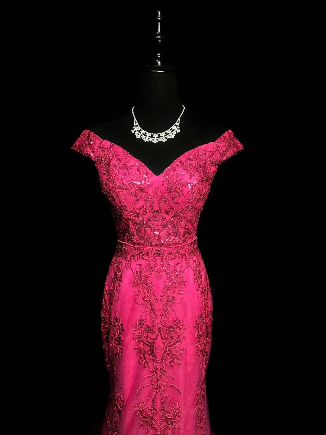 Modest Prom Dresses Mermaid Off The Shoulder Hot Pink Lace With Cap Sleeves Long Formal Outfits RB6001