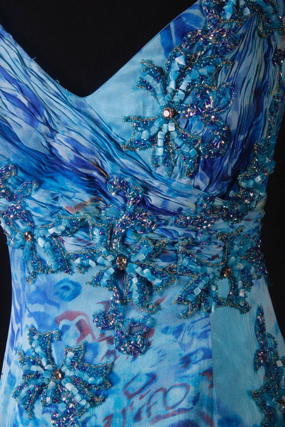 Robes de bal vintage années 1950, coupe trapèze, col en V, mousseline bleu roi, longues, robes de soirée AS200