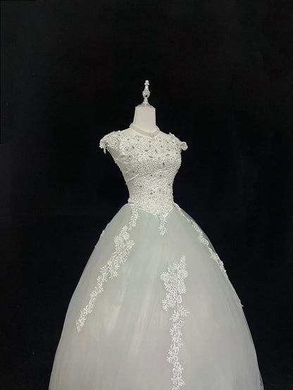Pretty Ball Gowns Scoop Mint Green With Appliques Long Prom Dress Puffy Sweet 16 Sixteen Outfit Vestido de 15 RB7600