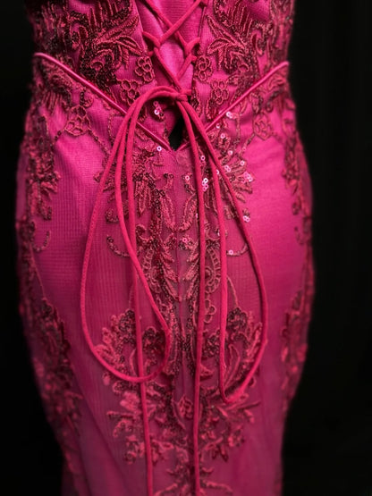 Modest Prom Dresses Mermaid Off The Shoulder Hot Pink Lace With Cap Sleeves Long Formal Outfits RB6001