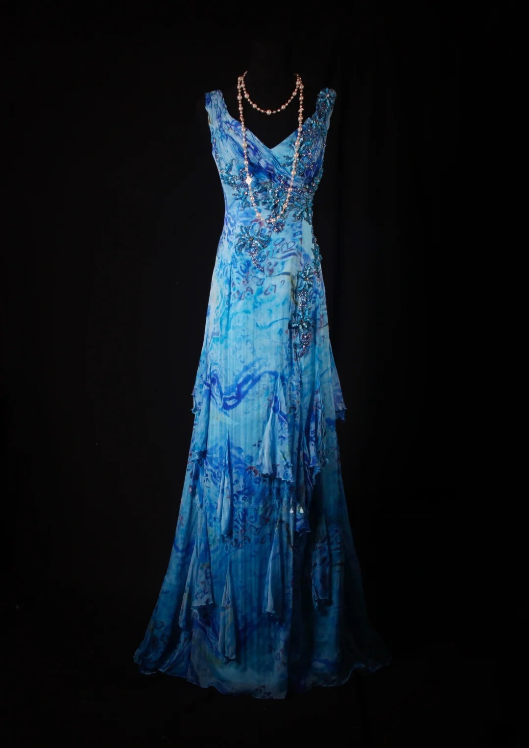 Robes de bal vintage années 1950, coupe trapèze, col en V, mousseline bleu roi, longues, robes de soirée AS200