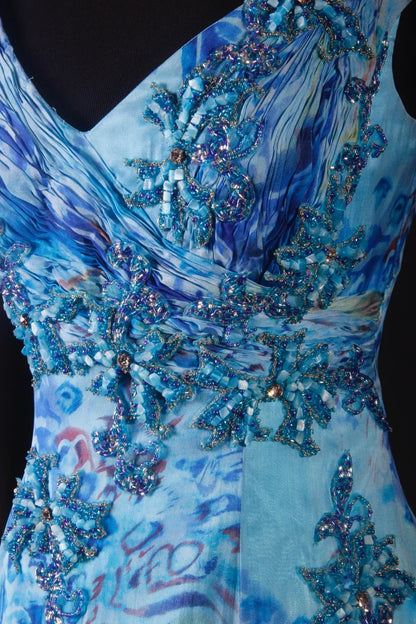 Robes de bal vintage années 1950, coupe trapèze, col en V, mousseline bleu roi, longues, robes de soirée AS200