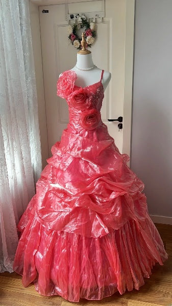 Elegant Sweet 16 Dress Long Straps Hot Pink With Flowers Ball Gown Sweet Sixteen Party Birthday Dresses RC0559