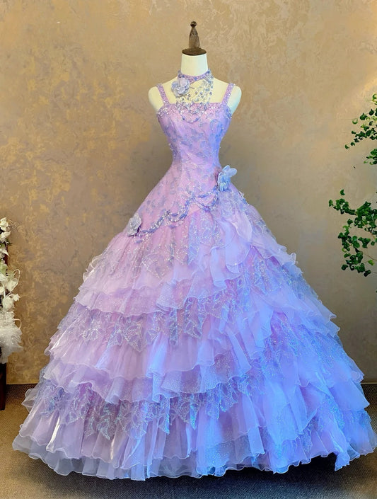 Quinceanera Dress Lilac Spaghetti Straps With Tiered Layers Floor Length Ball Gown Sweet 15 15th Birthday Gown RB9131