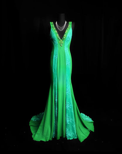 Vintage 80s Prom Dresses Mermaid V Neck Green Lace With Beading Long Party Gown Formal Outfits RB6002