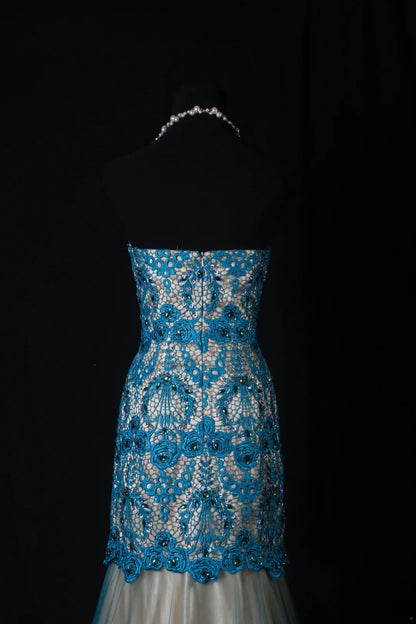 Robe de soirée sirène vintage années 50 en dentelle et tulle bleu ornée de perles, longue et élégante, style années 50, AS201