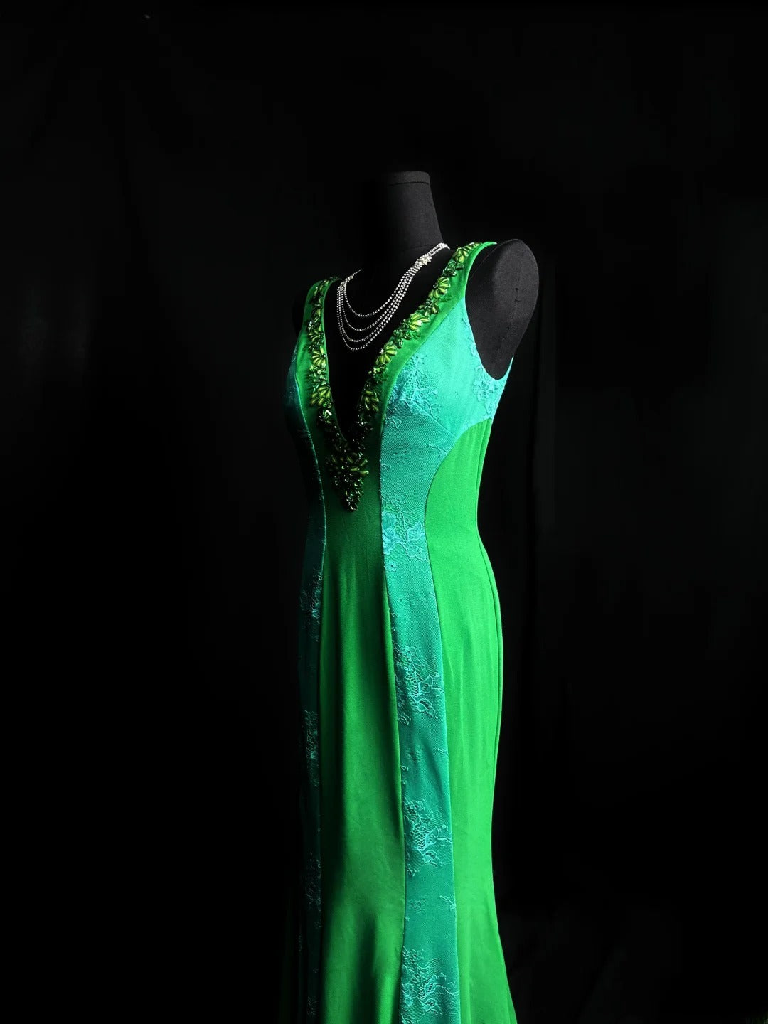 Vintage 80s Prom Dresses Mermaid V Neck Green Lace With Beading Long Party Gown Formal Outfits RB6002