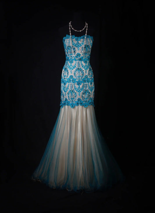 Meerjungfrauen-Kleid im Vintage-Stil der 1950er Jahre aus blauer Spitze und Tüll mit Perlen, langes, formelles Ballkleid, Abendkleid, Partykleid AS201