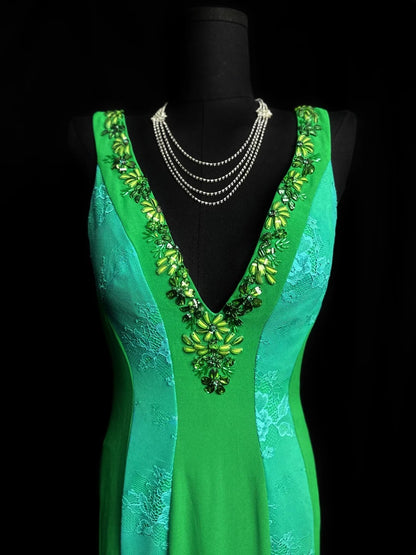 Vintage 80s Prom Dresses Mermaid V Neck Green Lace With Beading Long Party Gown Formal Outfits RB6002