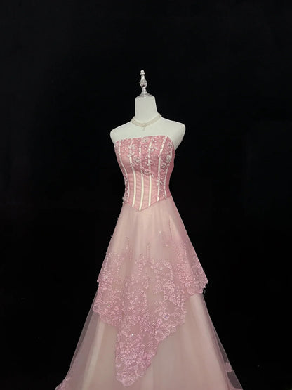 Beautiful A line Strapless Pink Tulle With Appliqued Lace Prom Dress Formal Outfits Party Dresses RB7601