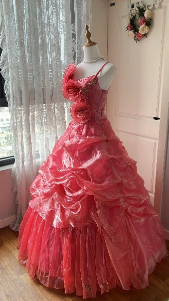 Elegant Sweet 16 Dress Long Straps Hot Pink With Flowers Ball Gown Sweet Sixteen Party Birthday Dresses RC0559