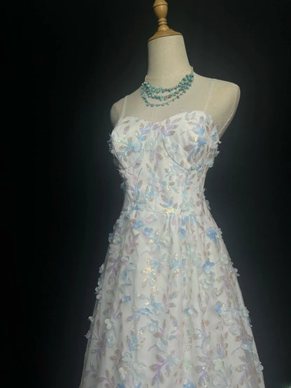 Chic Prom Dresses A line Spaghetti Strap White Sequin Sleeveless Long Formal Outfits RB6003