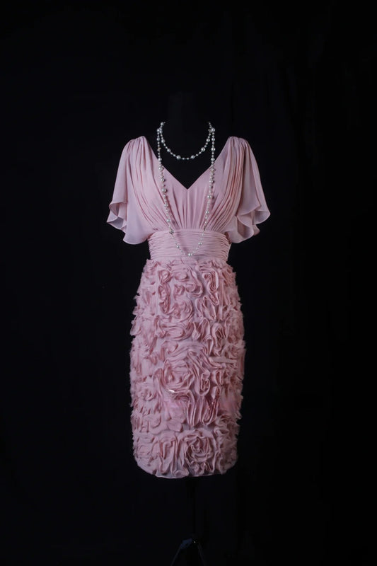 Elegantes, kurzes Etuikleid mit V-Ausschnitt, rosa mit Blumenmuster, Homecoming-Kleid, Cocktailkleid AS202