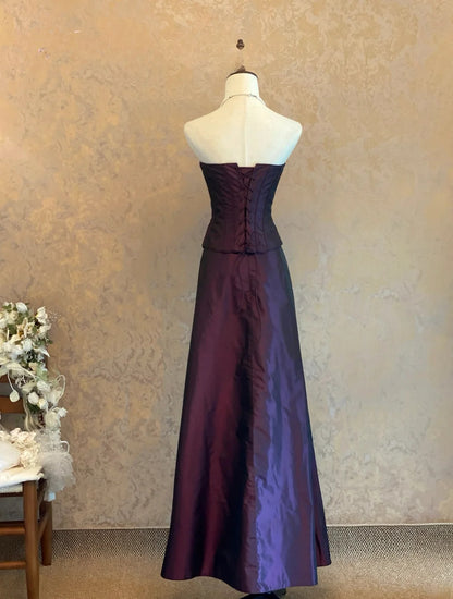 Elegant A line Strapless Burgundy Satin Prom Dress Floor Length For Women Evening Party Gown RB9132