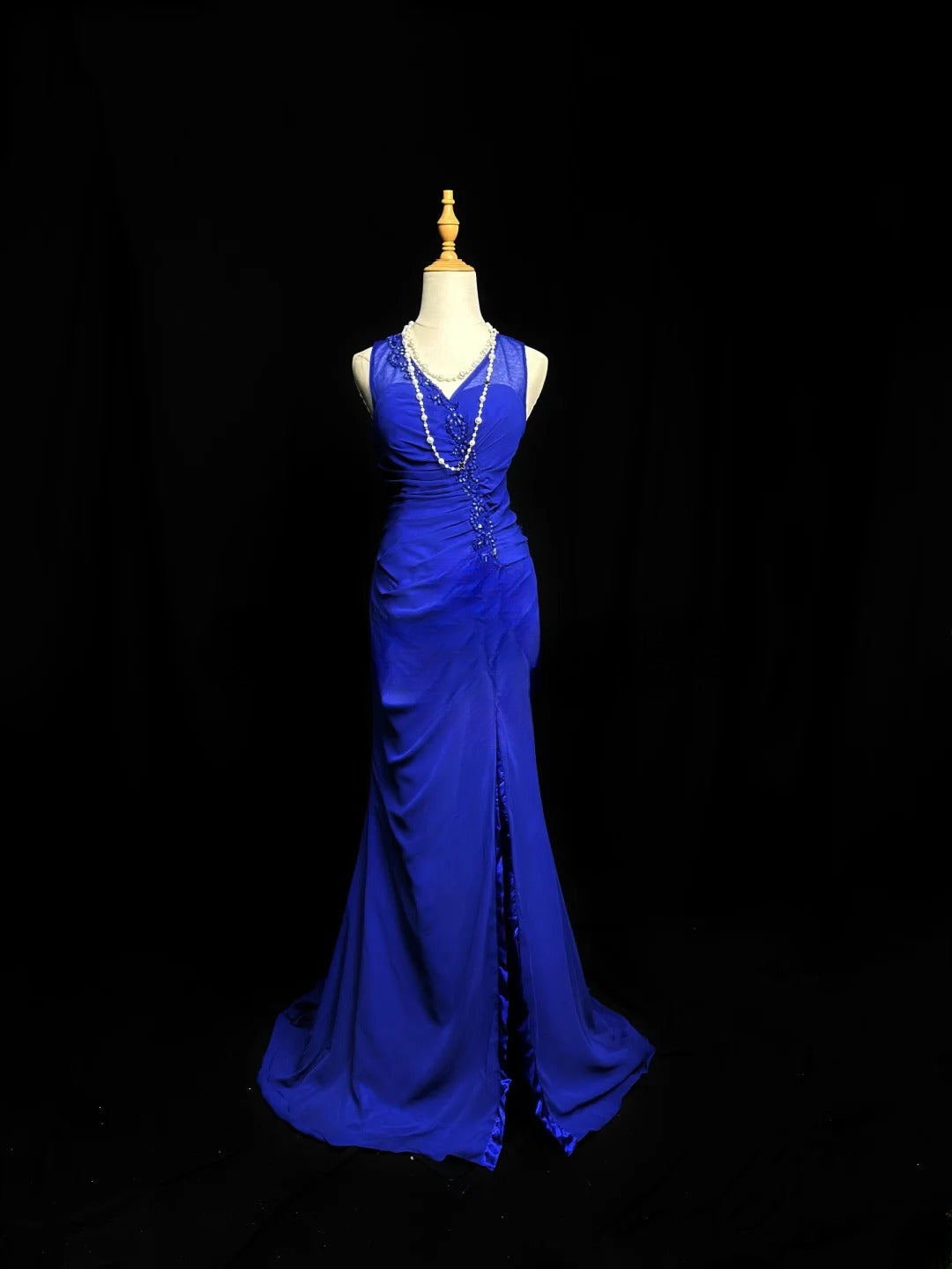 Vintage 80s Prom Dresses Mermaid V Neck Royal Blue Chiffon Lace With Split Long Party Gown Formal Outfits RB6004