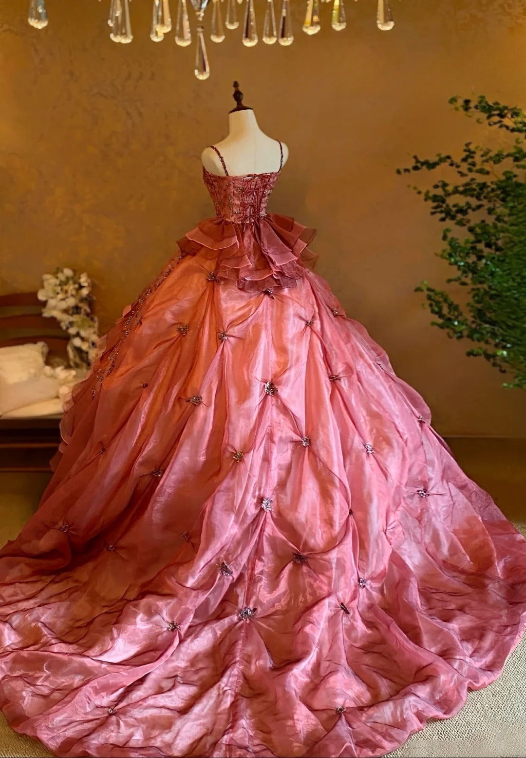 Quinceanera Dress Pink Spaghetti Straps Pink With Tiered Layers Floor Length Ball Gown Sweet 15 15th Birthday Gown RB9133