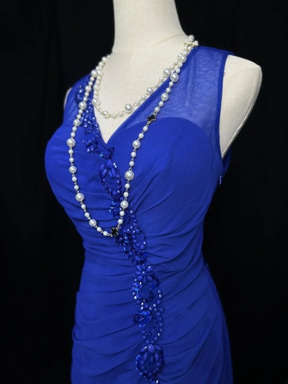 Vintage 80s Prom Dresses Mermaid V Neck Royal Blue Chiffon Lace With Split Long Party Gown Formal Outfits RB6004