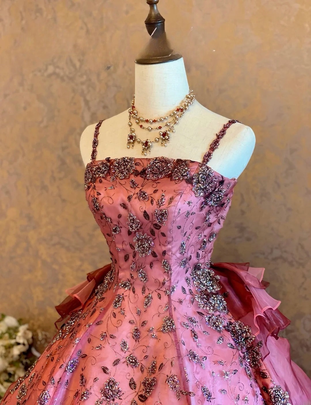 Quinceanera Dress Pink Spaghetti Straps Pink With Tiered Layers Floor Length Ball Gown Sweet 15 15th Birthday Gown RB9133