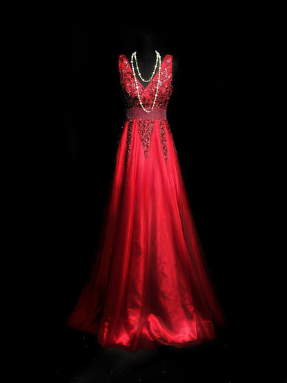 Vintage Prom Dresses A line V Neck Red Tulle With Beads Crystals Sleeveless Long Formal Outfits RB6005