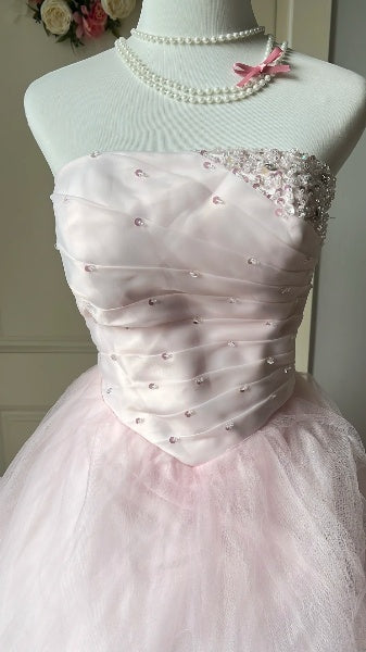 Sweet 15 Quinceanera Dress Ball Gown Strapless Pink Tulle With Beading Long 15th Birthday Gown RC0561